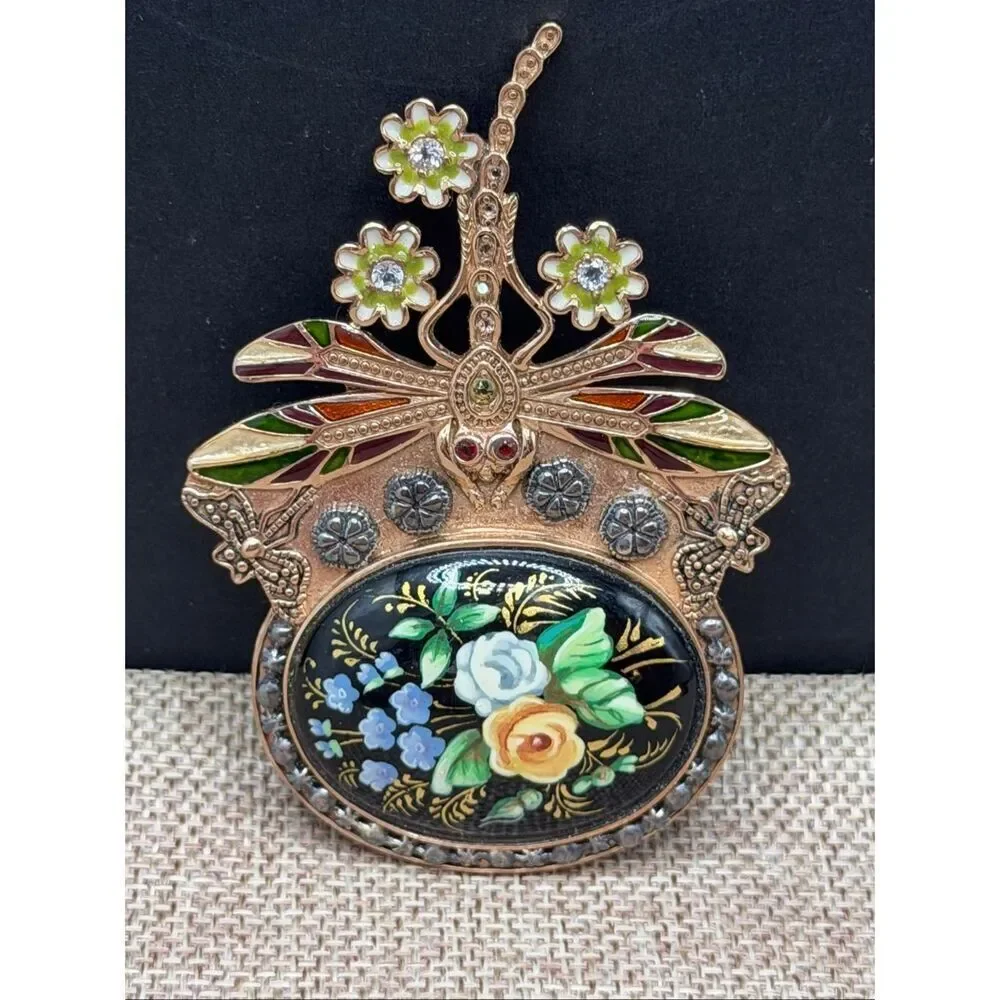 Unique Estate Amy Kahn Russell Bronze Dragonfly Floral Large Pin Pendant